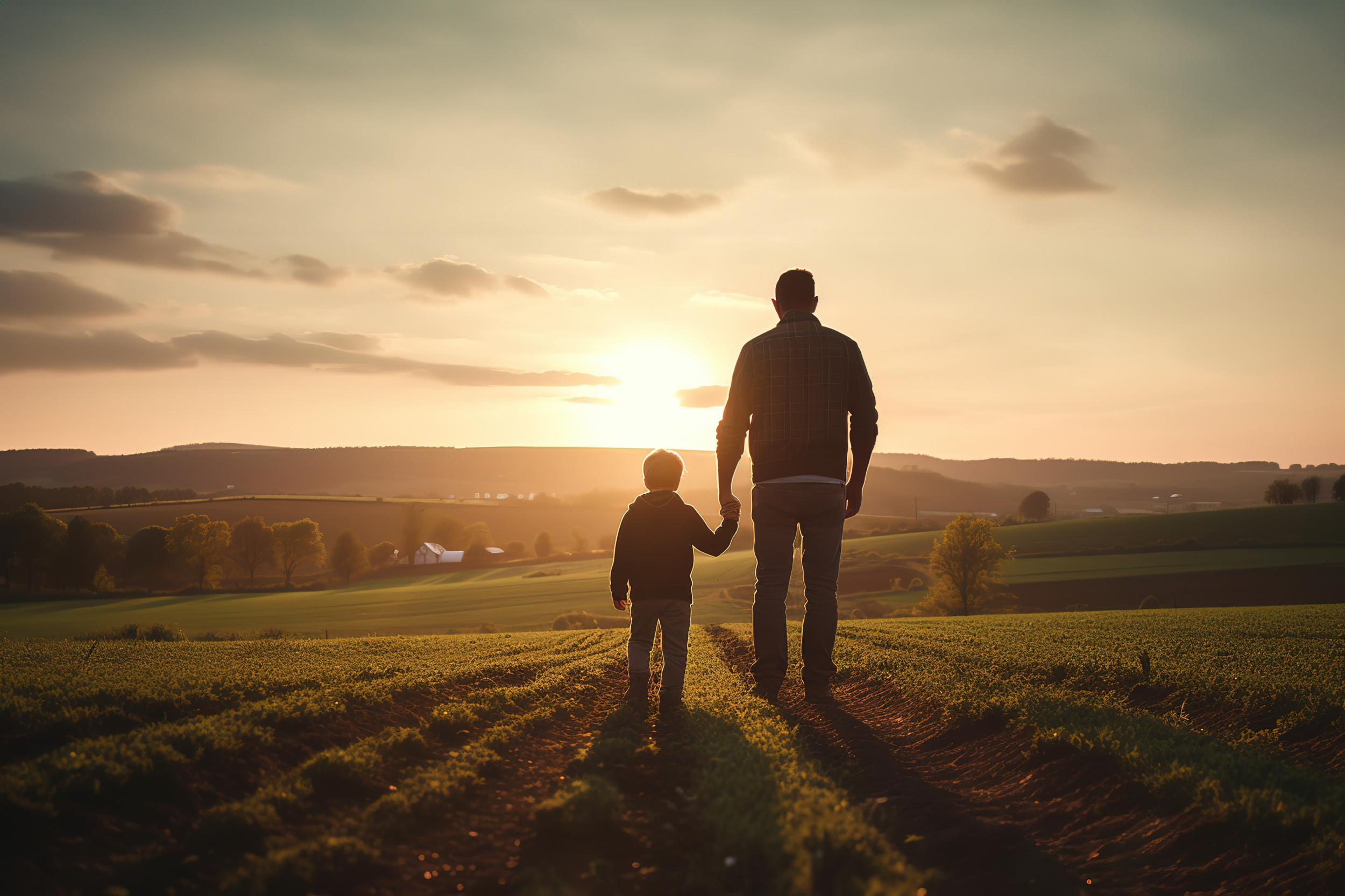 Father and child holding hands overlooking their farm