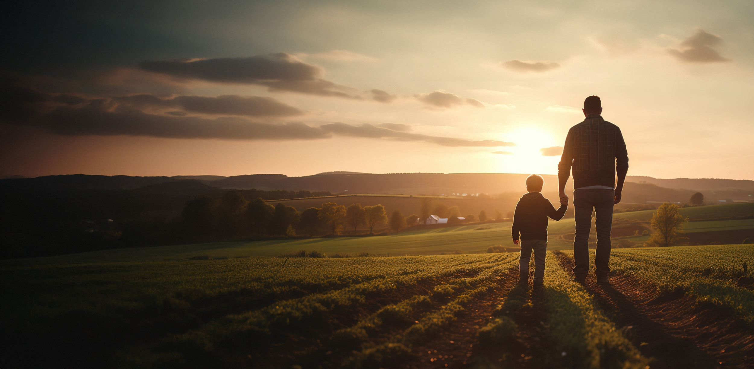 Father holding sons hand looking over farmland